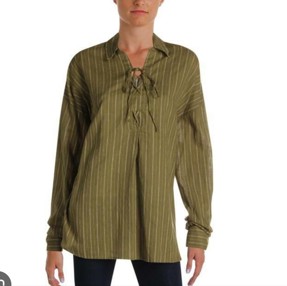 Free People Under The Boardwalk Olive Green Striped Garment Lace Up Pirate